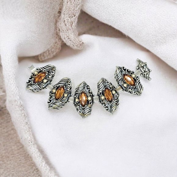 Brutalist Jewel Bracelet Bangle Vtg Brown Jewel Pearl Open Scroll Segment Viking - Picture 8 of 12